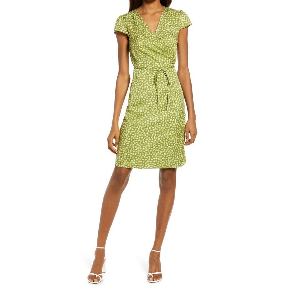 Reformation Zena Jessie Green Floral Print Short Sleeve Wrap Dress Size L